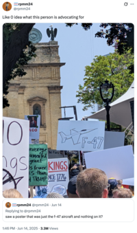 A sign at a "No Kings" protest that just says, "F-47." The "quote-tweet":https://knowyourmeme.com/memes/quote-retweets-qrts is from a Twitter user who's confused by its message.