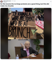 A post using a format from "_I Think You Should Leave_":https://knowyourmeme.com/memes/subcultures/i-think-you-should-leave-with-tim-robinson, concerning a sign that read, "If Kamala were president, we'd all be at brunch."