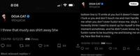 A series of deleted tweets by Doja Cat. In the tweets, she calls out a fan who gave her a shirt.