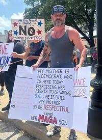 MAKE AMERICA GREAT AGAIN AVE CRAC We the People saying * * *No⭑ to kings since 1776! SIDE NERICA NOTE Generally, if MY MOTHER IS A DEMOCRAT, WHO IS HERE TODAY VANCE a country were EXERCISING HER ruled by a King, RIGHTS (TO BE WRONG) 2028 A nation wide BUT... SHE IS STILL protest called "NO KINGS", would MY MOTHER not be allowed. SO BE RESPECTFUL signed HER MAGA SON