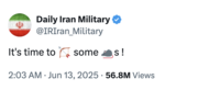 The unofficial commentary Twitter / X account @IRIran_Military tweeted, "It's time to 🏹 some 🐀s !" in relation to the Israel-Iran conflict in June 2025. Several internet users likened the account's tweets to something Chicago drill rapper King Von would have posted during the peak of his gang-related violent activities from 2012 to 2014.
