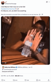 X user @haechanfanpage tweeted in French jokingly posing as French Prime Minister Macron, making a post that translates to, "It's Macron, eh, we didn't do anything." Several internet users posted tweets distancing themselves from the Israel-Iran war after seeing tweets from an unofficial Iran military commentary account.