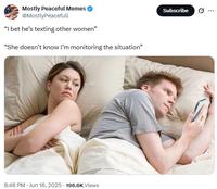 Mostly Peaceful Memes @MostlyPeacefull “I bet he's texting other women" "She doesn't know I'm monitoring the situation" 8:46 PM - Jun 16, 2025 -196.6K Views Subscribe Ø