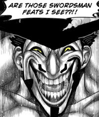 An early example of the Mihawk Upscale "meme":https://knowyourmeme.com/memes/memes from "_One Piece_":https://knowyourmeme.com/memes/subcultures/one-piece, showing Dracule Mihawk drawn over Kure Raian smiling in the "manga":https://knowyourmeme.com/memes/cultures/anime-manga _Kengan Ashura_.