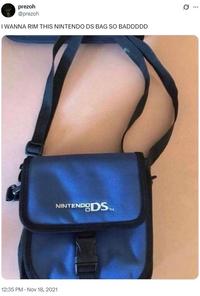 A tweet reading, "I WANNA RIM THIS NINTENDO DS BAG SO BADDDDD." The tweet shares a photo of a Nintendo DS bag.