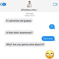 <46 @DadSays Jokes > iMessage Today 16:38 If I advertise old grapes Is that raisin awareness? Why? Are you gonna wine about it? ?? Dad stop