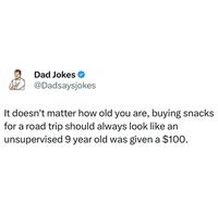 Dad Jokes ❤ @Dadsaysjokes It doesn't matter how old you are, buying snacks for a road trip should always look like an unsupervised 9 year old was given a $100.