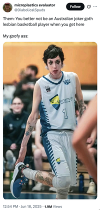 X user @DiabolicalSpuds posted an image of Australian women's basketball player Caitlin Mary Cunningham wearing dark eye makeup during a match, writing, "Them: You better not be an Australian joker goth lesbian basketball player when you get here / My goofy ass"