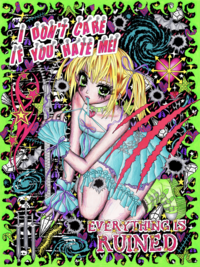 Artwork by Leanna Perry that reads, "I don't care if you hate me / Everything is ruined"