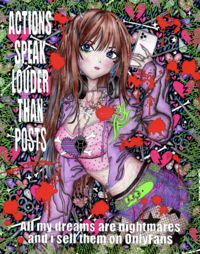 Artwork by Leanna Perry that reads, "Actions Speak Louder Than Posts."