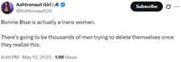 A tweet reading, "Bonnie Blue is actually a trans woman." There is no evidence to suggest that this is a fact.