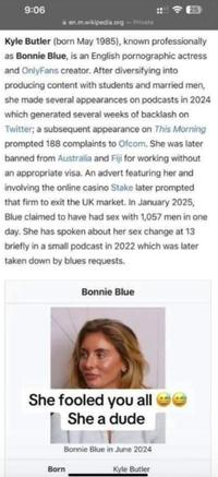 A screenshot of an alleged, non-existent Wikipedia page for "Kyle Butler." The page claims that Bonnie Blue is trans and used to be named Kyle Butler and was transitioned at age 13. There is no evidence to suggest any of this is true, or that this Wikipedia page ever existed.