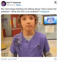 Mae #Styxsucks @femmaes Follow X My mom keeps feeding me talking about "here comes the airplane!!" What the f--- is an airplane?? #babytwt O II GIF 2:56 PM - Jun 22, 2025
