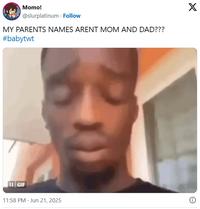 Momo! @slurplatinum. Follow MY PARENTS NAMES ARENT MOM AND DAD??? #babytwt II GIF 11:58 PM - Jun 21, 2025 X