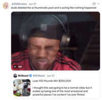 X user @999blades tweeted about MrBeast promoting a "video where a participant died":https://knowyourmeme.com/memes/events/death-of-coach-tyler-wall, writing, "dude deleted the ai thumbnails post and is acting like nothing happened."