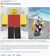 A Reddit post explaining the differences between true retro Roblox avatars and retroslop avatars. The post is by Redditor u/Whatinthewhar.