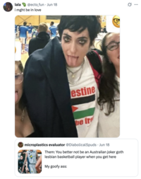 X user @ecto_fun tweeted a photo of Caitlin Cunningham, also referred to as the "joker goth lesbian basketball player," writing, "i mght be in love," and gathering over 25,000 likes in a week.
