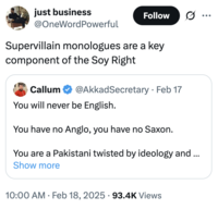 A "tweet":https://knowyourmeme.com/memes/sites/twitter-x about "Supervillain monologues are a key component of the Soy Right."