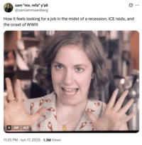 X user @samiamrosenberg tweeted the GIF of Hannah Horvath from _Girls_ greeting Joshua (played by Patrick Wilson) alongside a tweet that read, "How it feels looking for a job in the midst of a recession, ICE raids, and the onset of WWIII."