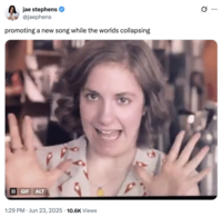 X user @jaephens posted the GIF of Hannah Horvath from _Girls_ saying hi to Patrick Wilson, writing, "promoting a new song while the worlds collapsing"