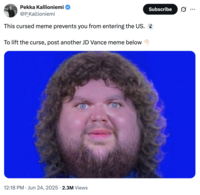 A "tweet":https://knowyourmeme.com/memes/sites/twitter-x joking about "This cursed meme prevents you from entering the US. 👻"