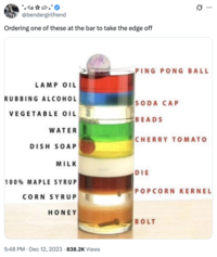 A "tweet":https://knowyourmeme.com/memes/sites/twitter-x captioning a science experiment about liquids, captioned, "Ordering one of these at the bar to take the edge off."