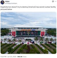 Adam @TOSportsAdam ... Hopefully Iran doesn't try to destroy America's top secret nuclear facility pictured below AMERANT BANK ARENA PANTHERS 11:24 PM ⚫ Jun 23, 2025 390.3K Views Publix PLAZA PLAYOWS