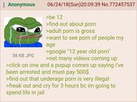 Anonymous 58 KB JPG 06/24/18(Sun) 20:09:39 No.772457537 >be 12 >find out about p--- >adult p--- is gross >want to see p--- of people my age >google "12 year old p---" >not many videos coming up >click on one and a popup comes up saying i've been arrested and must pay 500$ >find out that underage p--- is very illegal >freak out and cry for 3 hours bc im going to spend life in jail
