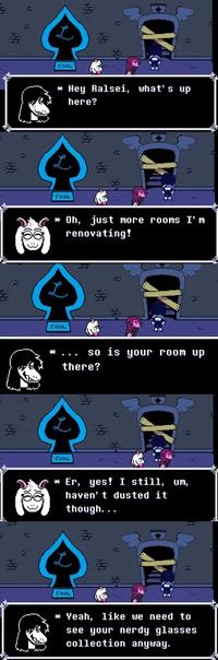 A scene from "Deltarune: Chapter 2" in which Susie asks about Ralsei's room. Ralsei says it needs dusted.