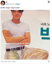 * @N3GADOLA. Follow lorde virgin vinyl cover X cafe.daum.net/19810114 Romi 나의 노 브 12:07 AM · Jun 27, 2025