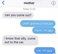 mother Today 22:09 can you come out? yeah gimme a minute i know that silly. come mom, i'm gay i out to the car. car, i'm gay