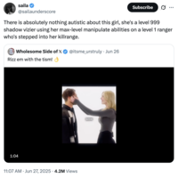 A "quote-tweet":https://knowyourmeme.com/memes/quote-retweets-qrts about Rachel, the "Rizz":https://knowyourmeme.com/memes/rizz-unspoken-rizz 'Em With the 'Tism Girl, joking that she's not "Autistic":https://knowyourmeme.com/memes/cultures/autism and is instead a "level 999 shadow vizier."