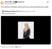 A "quote-tweet":https://knowyourmeme.com/memes/quote-retweets-qrts about Rachel, the "Rizz":https://knowyourmeme.com/memes/rizz-unspoken-rizz 'Em With the 'Tism Girl, joking that she's "clinically insane and if you cannot see that you’re "NGMI":https://knowyourmeme.com/memes/wagmi-ngmi."
