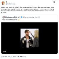 A "quote-tweet":https://knowyourmeme.com/memes/quote-retweets-qrts about Rachel, the "Rizz":https://knowyourmeme.com/memes/rizz-unspoken-rizz 'Em With the 'Tism Girl, calling her the ""Pick Me":https://knowyourmeme.com/memes/pick-me-girl final boss."