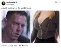A late June 2025 "tweet":https://knowyourmeme.com/memes/sites/twitter-x reading, "A quick summary of the last 24 hours," showing "Peter Thiel":https://knowyourmeme.com/memes/people/peter-thiel and the Rizz 'Em With the 'Tism Girl.