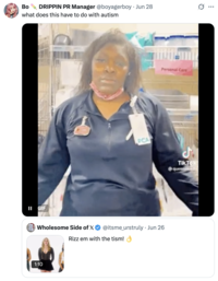 A "quote-tweet":https://knowyourmeme.com/memes/quote-retweets-qrts using the "12 Hours After My Shift Shrugging Nurse GIF":https://knowyourmeme.com/memes/12-hours-after-my-shift-shrugging-nurse-gif to comment on the Rizz 'Em With the 'Tism Girl "video":https://knowyourmeme.com/memes/viral-videos.