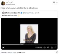 A "quote-tweet":https://knowyourmeme.com/memes/quote-retweets-qrts about Rachel, the "Rizz":https://knowyourmeme.com/memes/rizz-unspoken-rizz 'Em With the 'Tism Girl, reading, "I hate when women act child like to attract men."