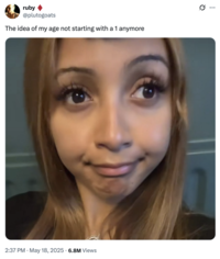 X user @plutogoats tweeted an image of British pop star PinkPantheress looking upwards and making a silly face, gathering over 15,000 likes on a post that reads, "The idea of my age not starting with a 1 anymore."