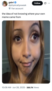 X user @physicallyxweak replied to pop star PinkPantheress asking about the origin of a meme that uses a stretched, distorted image of her face. The tweet read, "the idea of not knowing where your own meme came from," in reference to the earliest known use of the meme. 