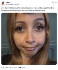 X user @UNDERMYSKlNS tweeted a stretched-out, distorted image of PinkPantheress, writing, "why do i feel like misinformation becomes more widespread than the actual correct information we’re actually so doomed omg."