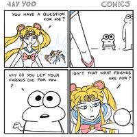 JAY YOO YOU HAVE A QUESTION FOR ME? COMICS 18 WHY DO YOU LET YOUR FRIENDS DIE FOR YOU ? ISN'T THAT WHAT FRIENDS ARE FOR?