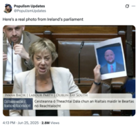 @PopulismUpdates tweeted an image of Bacik holding up the meme, captioned, "Here's a real photo from Ireland's parliament," gaining over 141,000 likes in five days.
