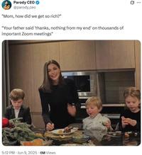 A meme reading, "Mom, how did we get so rich?" "Your father said 'thanks, nothing from my end' on thousands of important Zoom meetings."