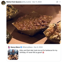 Malice from Queens @lib_crusher Dec 11, 2024 ... Nancy Mace @NancyMace · Dec 9, 2024 Kids, and their dad, took me out for barbecue for my birthday. 47 never felt so good!