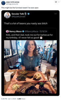 A "tweet":https://knowyourmeme.com/memes/sites/twitter-x calling the "That's a lot of beans you nasty ass bitch" tweet the "the funniest tweet I've ever seen."