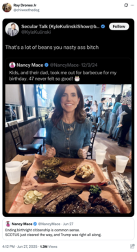 A "quote-tweet":https://knowyourmeme.com/memes/quote-retweets-qrts of a Nancy Mace tweet, which attached the "That's a lot of beans you nasty ass bitch" "meme":https://knowyourmeme.com/memes/memes.