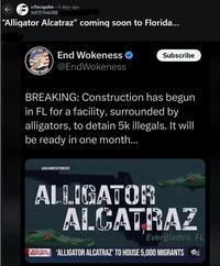 </facepalm 6 days ago N4TETHAGR8 "Alligator Alcatraz" coming soon to Florida... FORMER THINGS End Wokeness @EndWokeness Subscribe BREAKING: Construction has begun in FL for a facility, surrounded by alligators, to detain 5k illegals. It will be ready in one month... @AGJAMESUTHMEIER ALLIGATOR ALCATRAZ Everglades, FL REPORTS ALLIGATOR ALCATRAZ' TO HOUSE 5,000 MIGRANTS