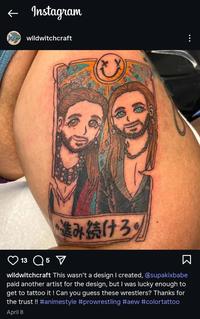 ← Instagram wildwitchcraft 13 5 進み続け3% Σ wildwitchcraft This wasn't a design I created, @supakixbabe paid another artist for the design, but I was lucky enough to get to tattoo it! Can you guess these wrestlers? Thanks for the trust !! #animestyle #prowrestling #aew #colortattoo April 8