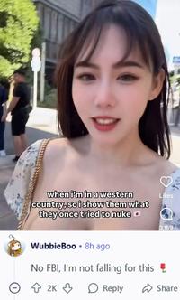 when i'm in a western country, so i show them what they once tried to nuke WubbieBoo⚫ 8h ago No FBI, I'm not falling for this 2K B ○ Reply Likes 3,169 Share