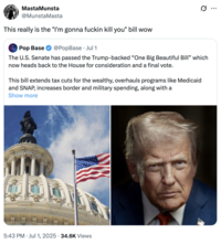 A "tweet":https://knowyourmeme.com/memes/sites/twitter-x calling "Donald Trump's":https://knowyourmeme.com/memes/people/donald-trump One Big Beautiful Bill Act the "I'm gonna f----- kill you" bill.